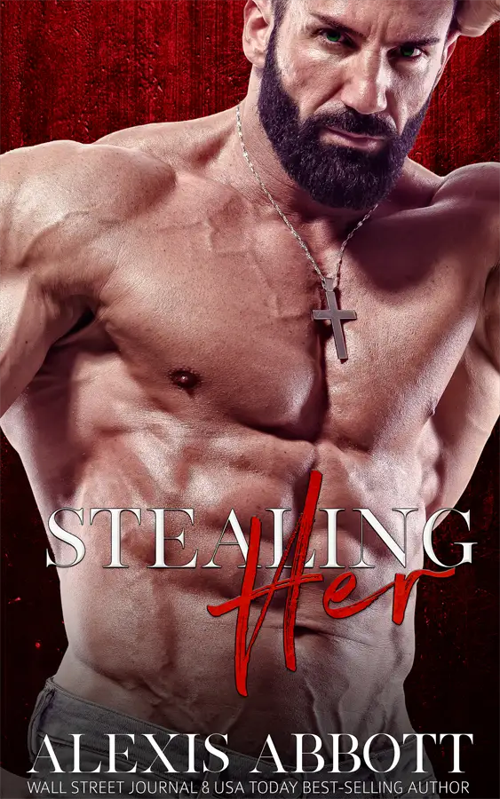 The cover for the mafia romance novel Stealing Her by Alexis Abbott, which has a serious looking man, shirtless, his gaze fixed on the viewer.