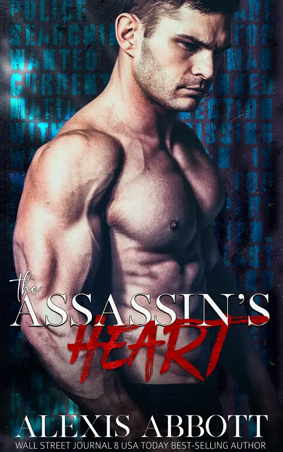 The cover for the mafia romance novel The Assassin's Heart by Alexis Abbott, which has a serious looking man, shirtless, staring downwards.